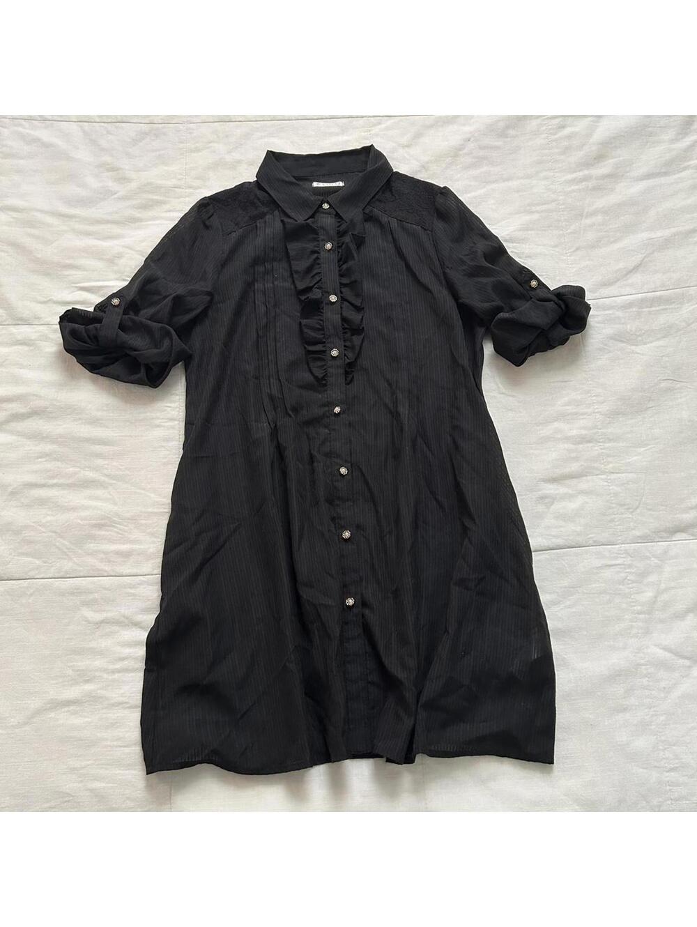 Axes Femme Black Gothic Sheer Stripe Dress Lace Details Pockets M Japan